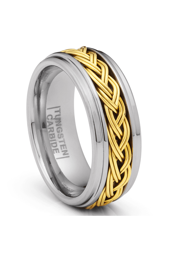 Gold Plated Braided Tungsten Carbide Ring Mens Wedding Band 8MM Comfort-Fit