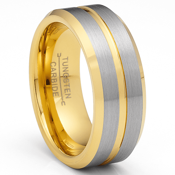 Metal Masters Gold Plated Flat-Top Tungsten Carbide Ring Mens Wedding Band Grooved Center 8MM Comfort-Fit