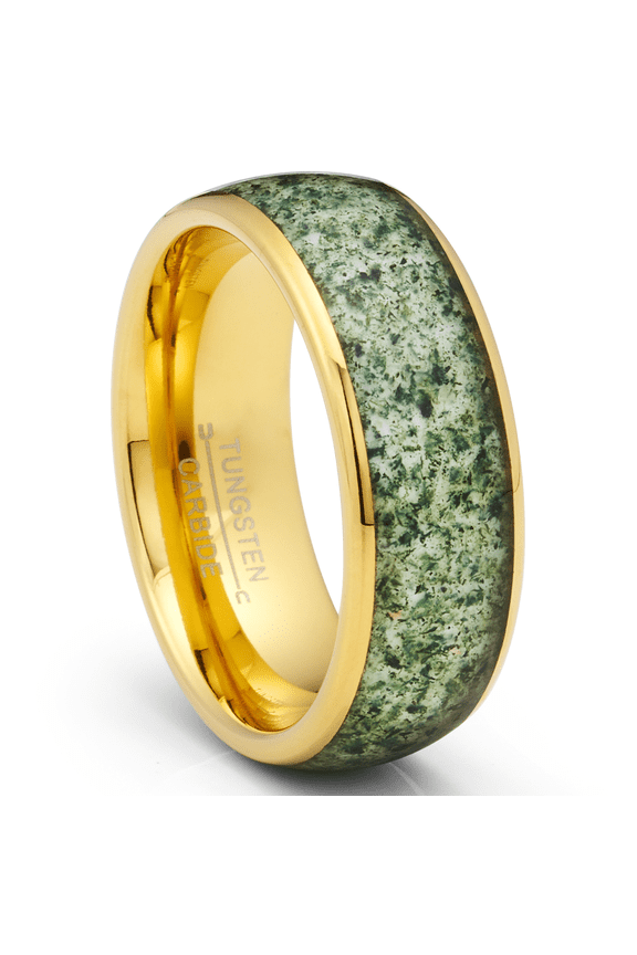 Gold Plated Tungsten Carbide Ring Mens Wedding Band Moss Agate Inlay 8MM Comfort-Fit