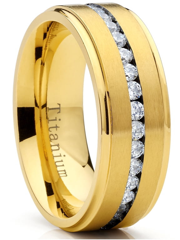 Mens Goldtone Titanium Eternity Wedding Band Ring 1.5Ct. Cubic Zirconia CZ Comfort-Fit 8MM