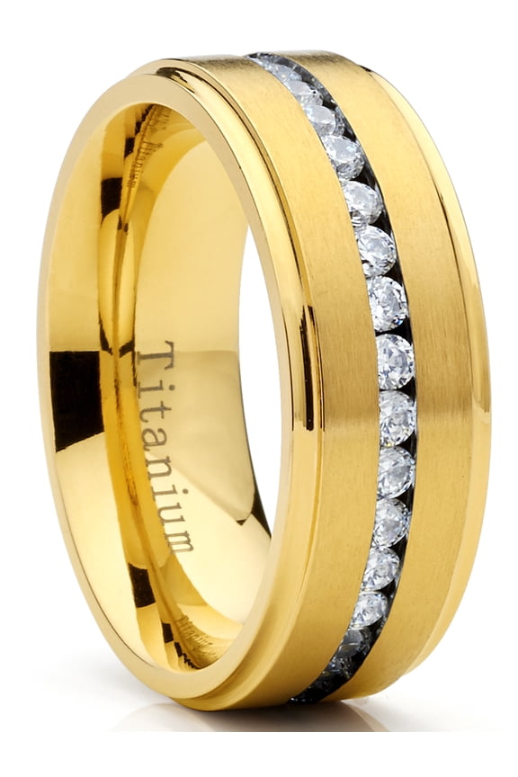 GoldTone Titanium Mens Eternity Wedding Band Ring Cubic Zirconia Cz Comfort-Fit 8mm