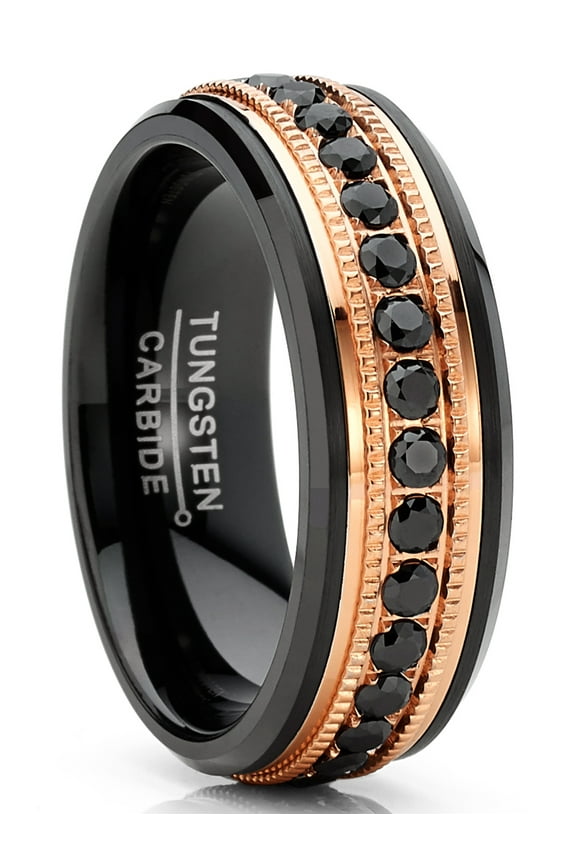 Men Tungsten Black Rose Goldtone Wedding Band Hammered Eternity Ring Cz Comfort-Fit