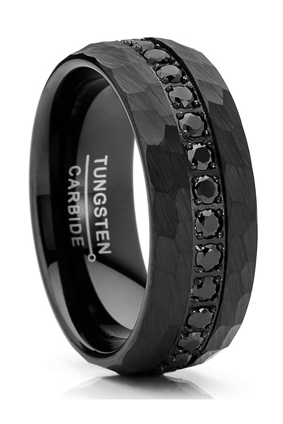 Men Tungsten Black Wedding Band Hammered Eternity Ring Cz Comfort-Fit 8mm