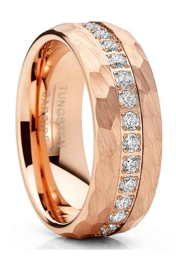 Men Tungsten Rose Goldtone Wedding Band Hammered Eternity Ring Cz Comfort-Fit