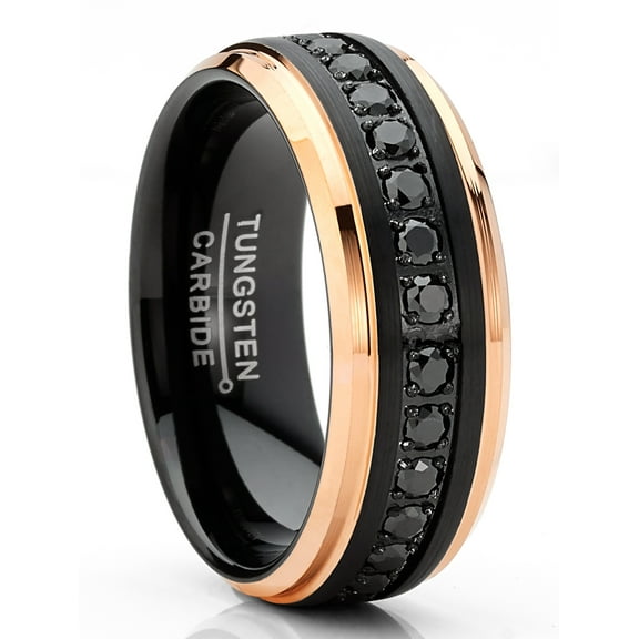 Metal Masters Men Tungsten Two-Tone Wedding Band Black Rosegold-tone Eternity Ring Cz Comfort-Fit