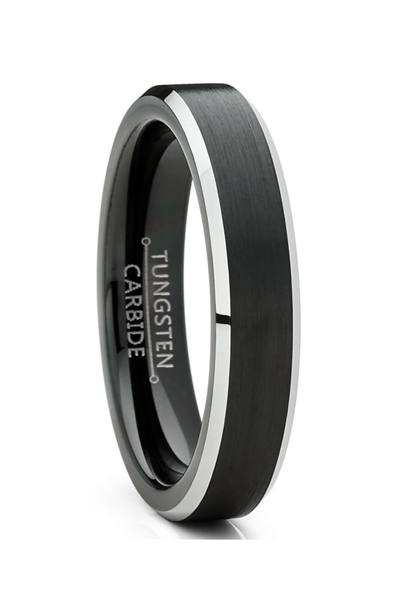 Men Women Wedding Black Tungsten Ring 4mm Matte Finish Beveled Polished Edge Comfort-Fit 6
