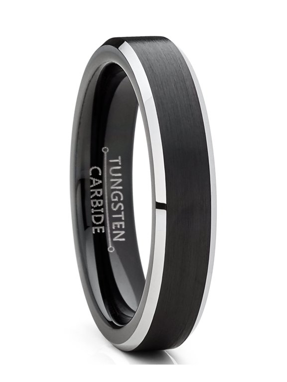 Men Women Wedding Black Tungsten Ring 4mm Matte Finish Beveled Polished Edge Comfort-Fit 7