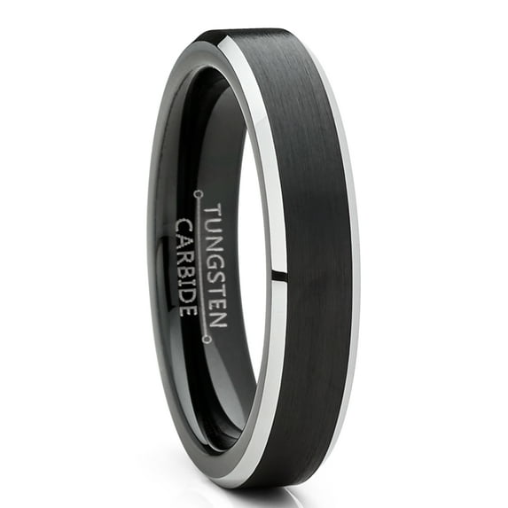 Metal Masters Men Women Wedding Black Tungsten Ring 4mm Matte Finish Beveled Polished Edge Comfort-Fit 8
