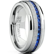 Metal Masters Men's 2.4Ct Eternity Titanium Wedding Band Engagement Ring W/ Blue Simulated Sapphire Cubic Zirconia Princess CZ
