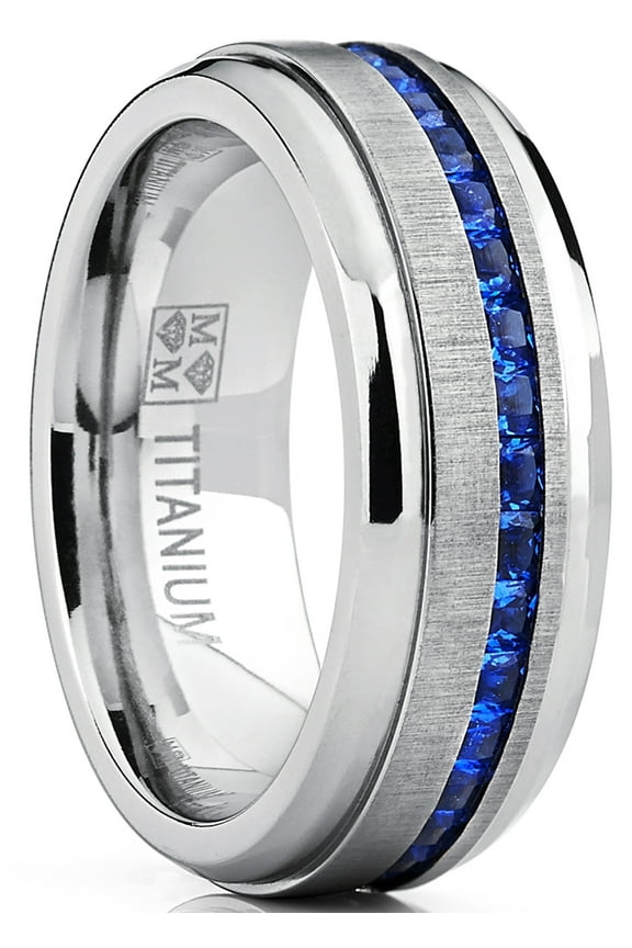 Mens 2.4Ct Eternity Titanium Wedding Band Engagement Ring Blue Simulated Sapphire Cubic Zirconia Princess Cz