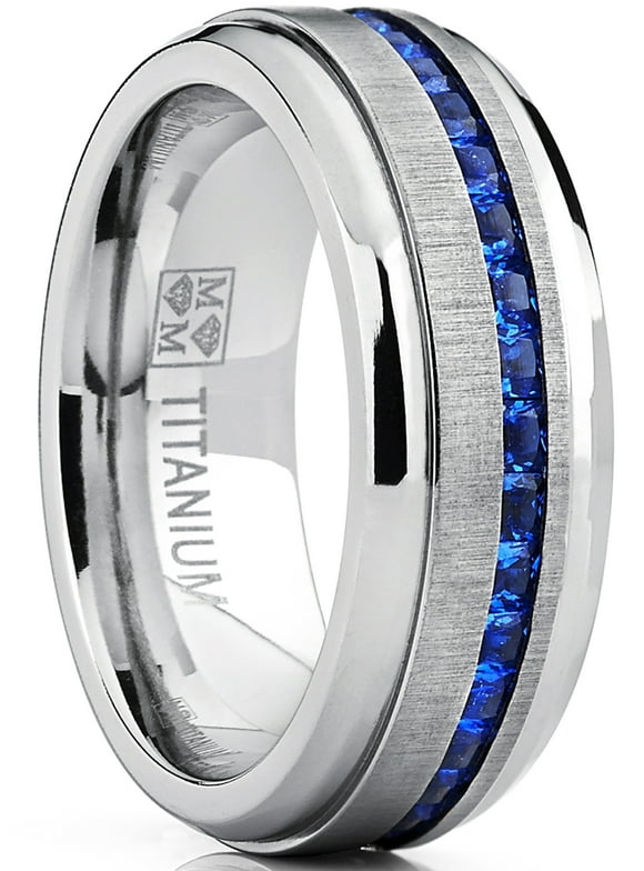 Metal Masters Men's 2.4Ct Eternity Titanium Wedding Band Engagement Ring W/ Blue Simulated Sapphire Cubic Zirconia Princess CZ
