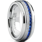 METAL MASTERS Mens 2.4Ct Eternity Titanium Wedding Band Engagement Ring Blue Simulated Sapphire Cubic Zirconia Princess Cz