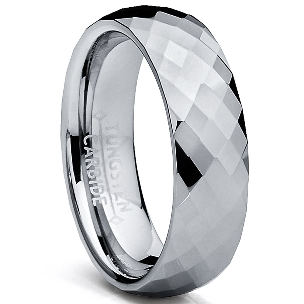 8MM/6MM Tungsten Carbide Beveled Edge With Meteorite Inlay Wedding Band Ring Set For Men And Ladies