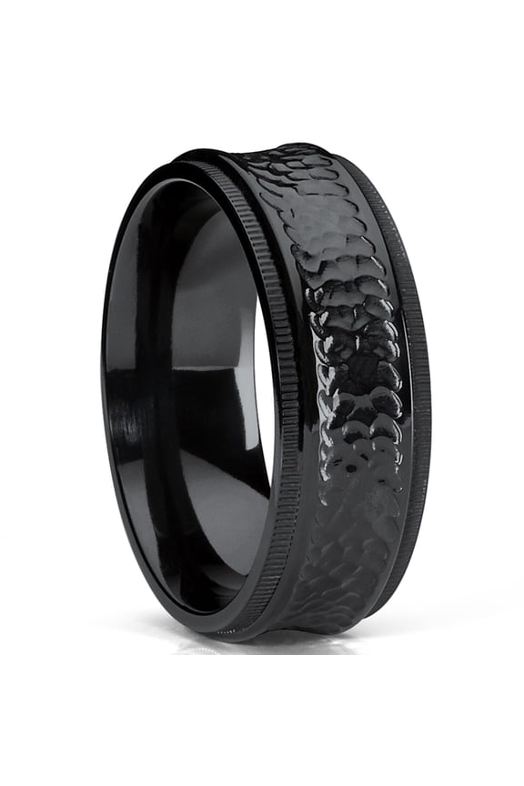 Mens 8mm Black Hammered Titanium Wedding Band Ring Milgrain Edges Comfort-Fit