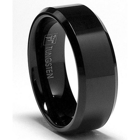 Metal Masters Mens 8mm Black High-Polish Beveled Edge Tungsten Carbide Ring