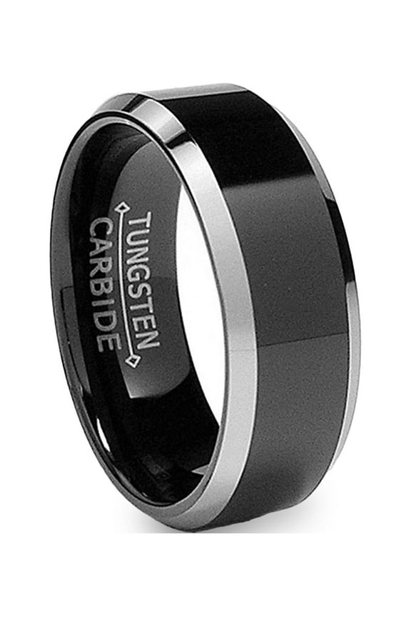 Mens 8mm Flat Top Two-Tone Black Tungsten Ring Wedding Band