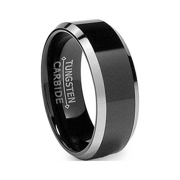 Metal Masters Mens 8mm Flat Top Two-Tone Black Tungsten Ring Wedding Band