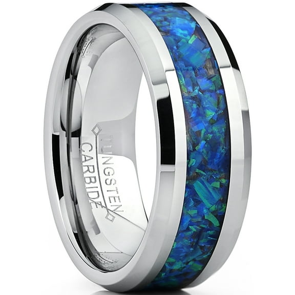 Metal Masters Mens 8mm Tungsten Carbide Wedding Band Ring Blue Green Simulated Opal Inlay 8mm