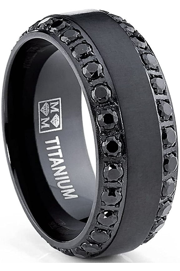 Mens .9Ct Black Titanium Dome Brushed Finished Wedding Band Engagement Ring Black Cubic Zirconia