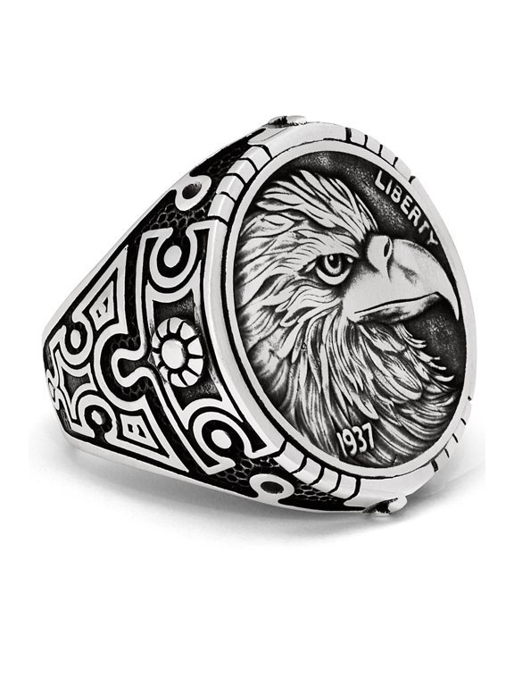 Mens American Eagle Coined Signet Ring 1937 Liberty Sterling Silver 925 25mm