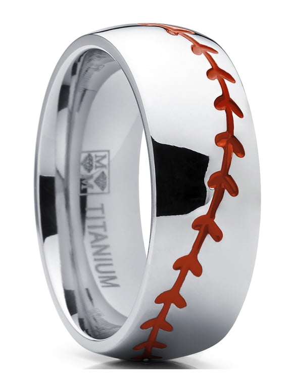 Mens Baseball Titanium Ring Red Stitching Dome Comfort-Fit 8mm