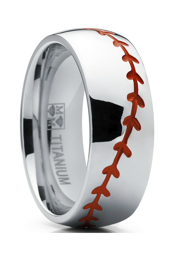 Mens Baseball Titanium Ring Red Stitching Dome Comfort-Fit 8mm