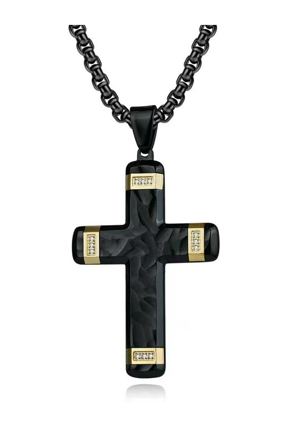 Mens Black Goldtone Stainless Steel Cross Pendant Hammered Fish Round Cubic-Zirconia 24" Chain Necklace
