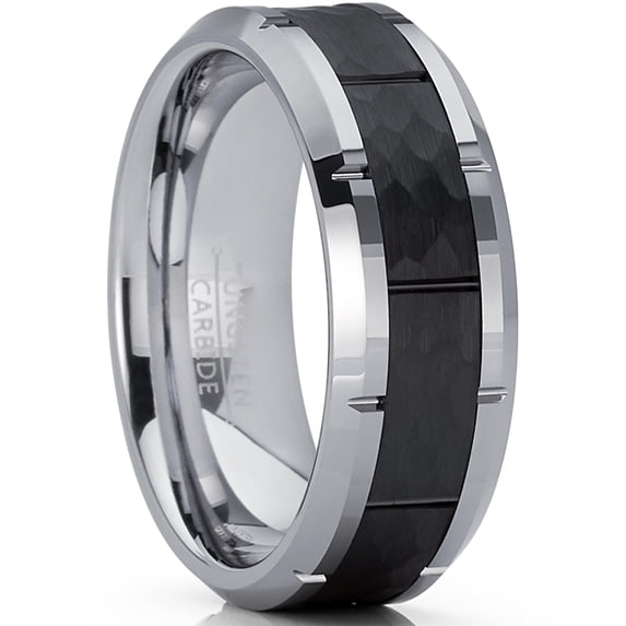 Metal Masters Mens Black Hammered Grooved Tungsten Carbide Wedding Band Ring 8mm Comfort-Fit 11.5
