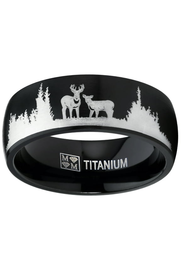 Mens Black Outdoor Hunting Titanium Ring Wedding Band Laser Etched Deer Stag Scene 11