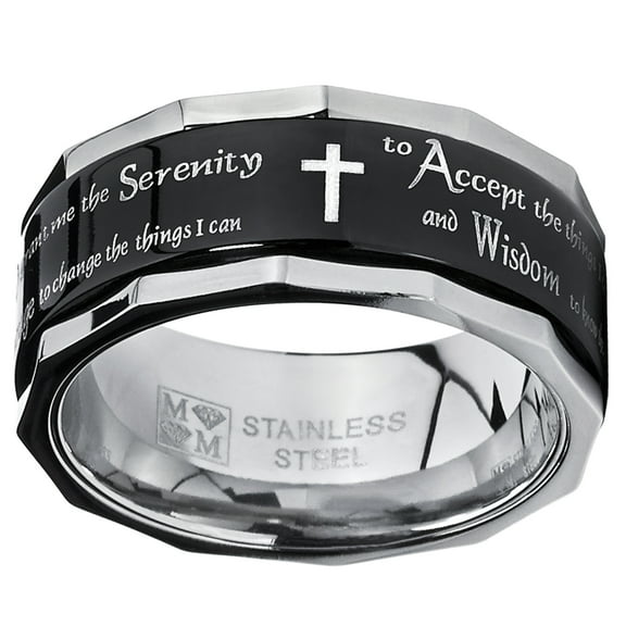 Metal Masters Mens Black Stainless Steel Cross Serenity Prayer Fidget Spinner Ring 9mm Anxiety Stress Relief