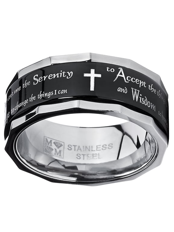 Mens Black Stainless Steel Cross Serenity Prayer Fidget Spinner Ring 9mm Anxiety Stress Relief