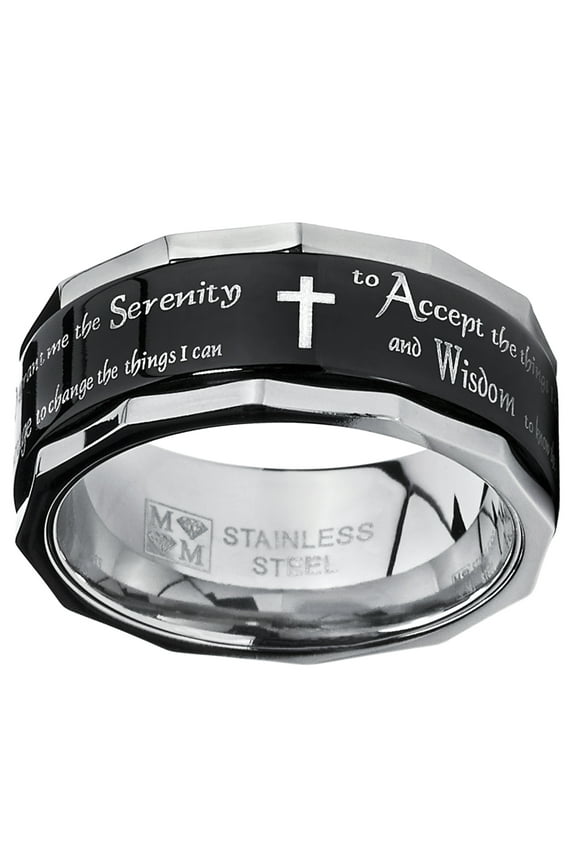 Mens Black Stainless Steel Cross Serenity Prayer Fidget Spinner Ring 9mm Anxiety Stress Relief