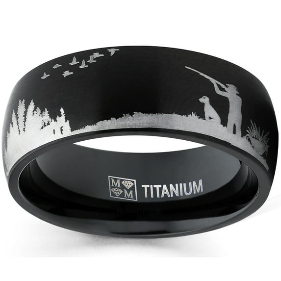 Metal Masters Mens Black Titanium Ring Wedding Band Laser Etched Bird Duck Hunting Outdoor Ring Comfort-Fit 8mm 11