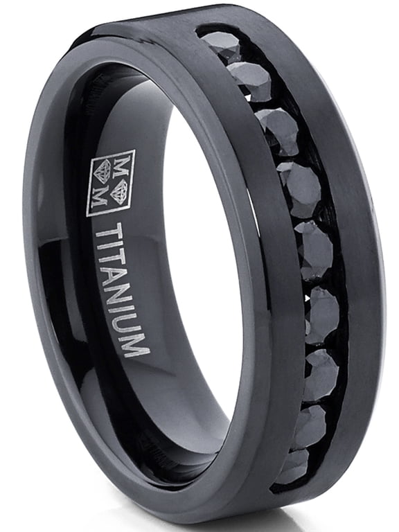 Mens Black Titanium Ring Wedding Engagement Band 9-Large Channel Set Black Cz 8mm