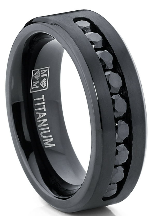 Mens Black Titanium Ring Wedding Engagement Band 9-Large Channel Set Black Cz 8mm