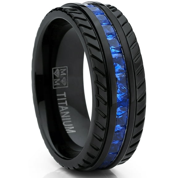 Metal Masters Mens Black Titanium Wedding Band Engagement Eternity ring Princess Cut Deep Blue Cubic Zirconia Cz 10