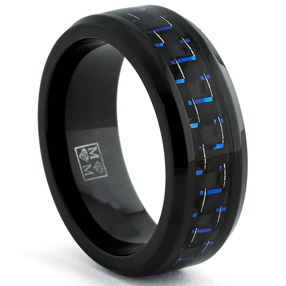 Metal Masters Mens Black Titanium Wedding Band Ring Black Blue Carbon Fiber inlay Comfort-Fit 8mm
