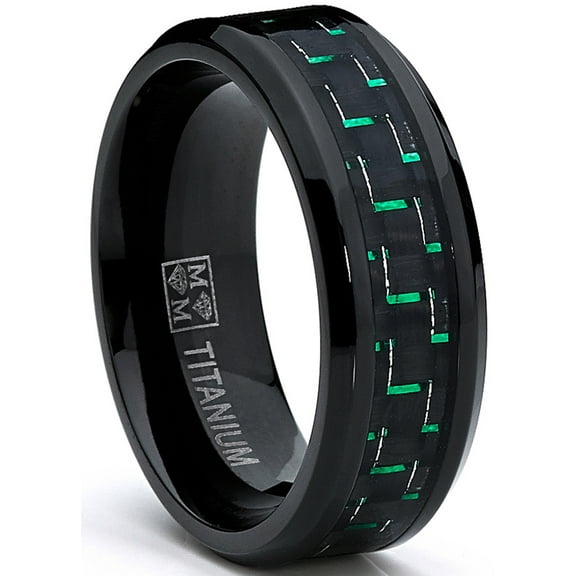 Metal Masters Mens Black Titanium Wedding Band Ring Black Green Carbon Fiber inlay Comfort-Fit 8mm