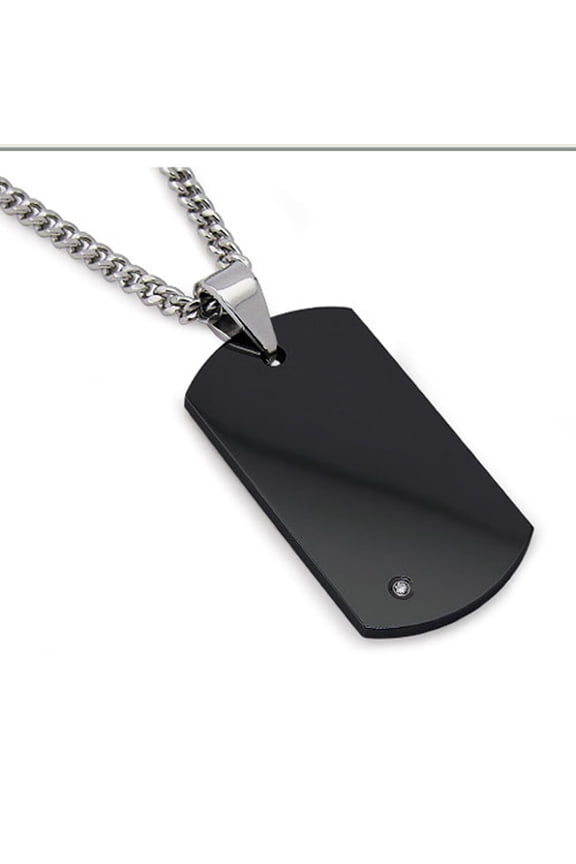 Mens Black Tungsten Carbide Dog Tag Diamond 24" Steel Curb Link Chain