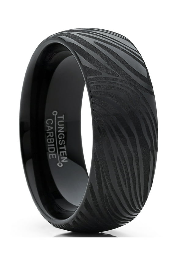 Mens Black Tungsten Carbide Dome Wedding Band Engagement Ring Damascus Style Texture 8mm 8