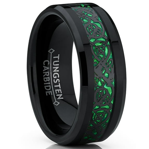 Metal Masters Mens Black Tungsten Carbide Dragon Ring Wedding Band Green Carbon Fiber Comfort-Fit 8mm