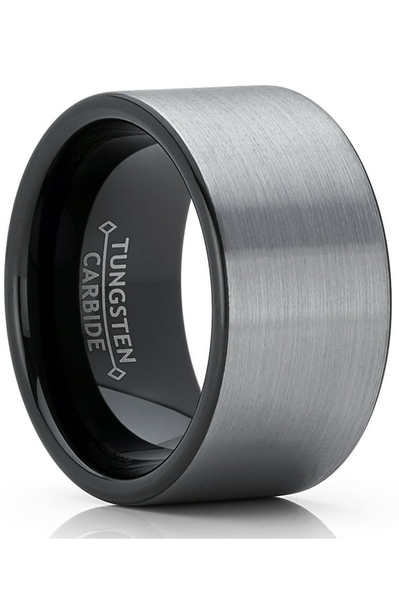 Mens Black Tungsten Carbide Pipe-Cut Wedding Band Engagement Ring Brushed Comfort-Fit 12mm 9