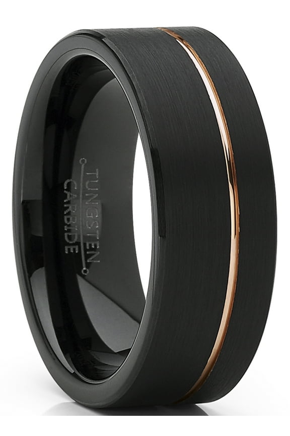 Mens Black Tungsten Carbide Ring Wedding Band Rose Goldtone Groove 8mm