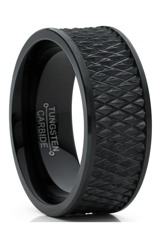 Mens Black Tungsten Carbide Wedding Band Engagement Ring Diamond Treaded Design Flat Top 9mm 15