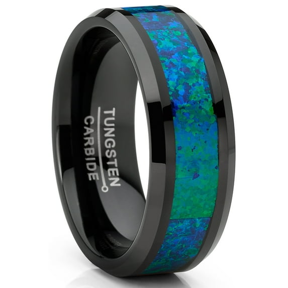 Metal Masters Mens Black Tungsten Carbide Wedding Band Ring Blue Green Crushed Opal 8mm Comfort-Fit
