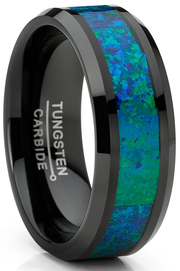 Mens Black Tungsten Carbide Wedding Band Ring Blue Green Crushed Opal 8mm Comfort-Fit