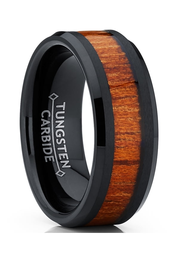 Mens Black Tungsten Carbide Wedding Band Ring Wood Inlay Comfort-Fit 8mm 9