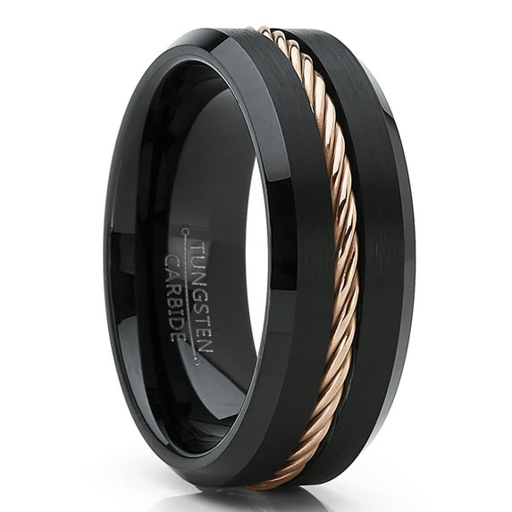 Metal Masters Mens Black Tungsten Carbide Wedding Band Ring Rose Goldtone Steel Cable Inlay 13