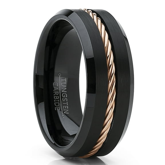 Metal Masters Mens Black Tungsten Carbide Wedding Band Ring Rose Goldtone Steel Cable Inlay 15