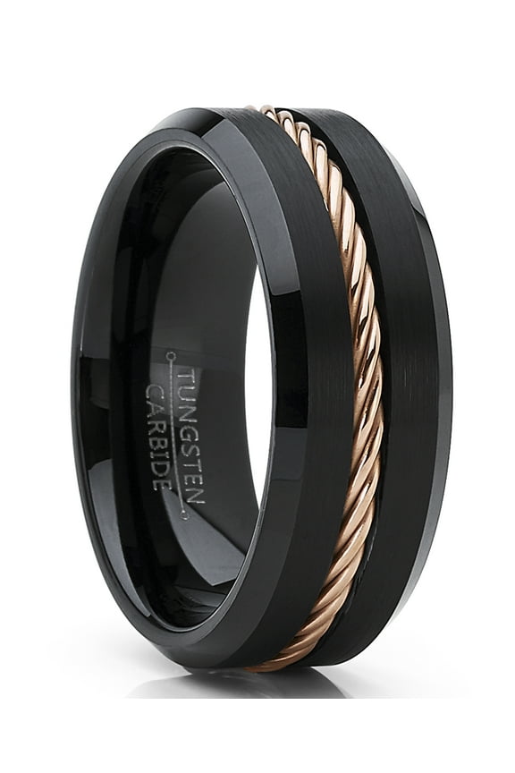 Mens Black Tungsten Carbide Wedding Band Ring Rose Goldtone Steel Cable Inlay 15